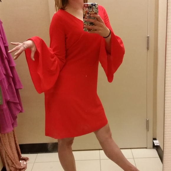 Bright Red Bell Sleeve Dress - Picture 1 of 7